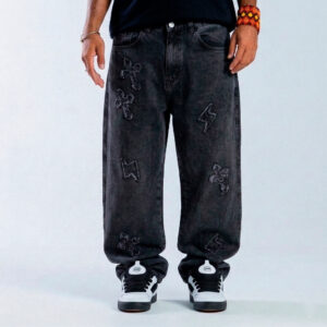 calça trip side baggy jeans estonada patch cruz desfiado streetwear