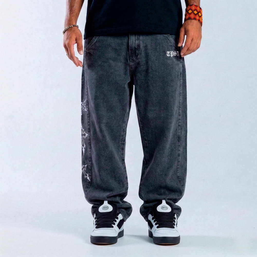 calça trip side recorte jeans marmorizada cruz streetwear