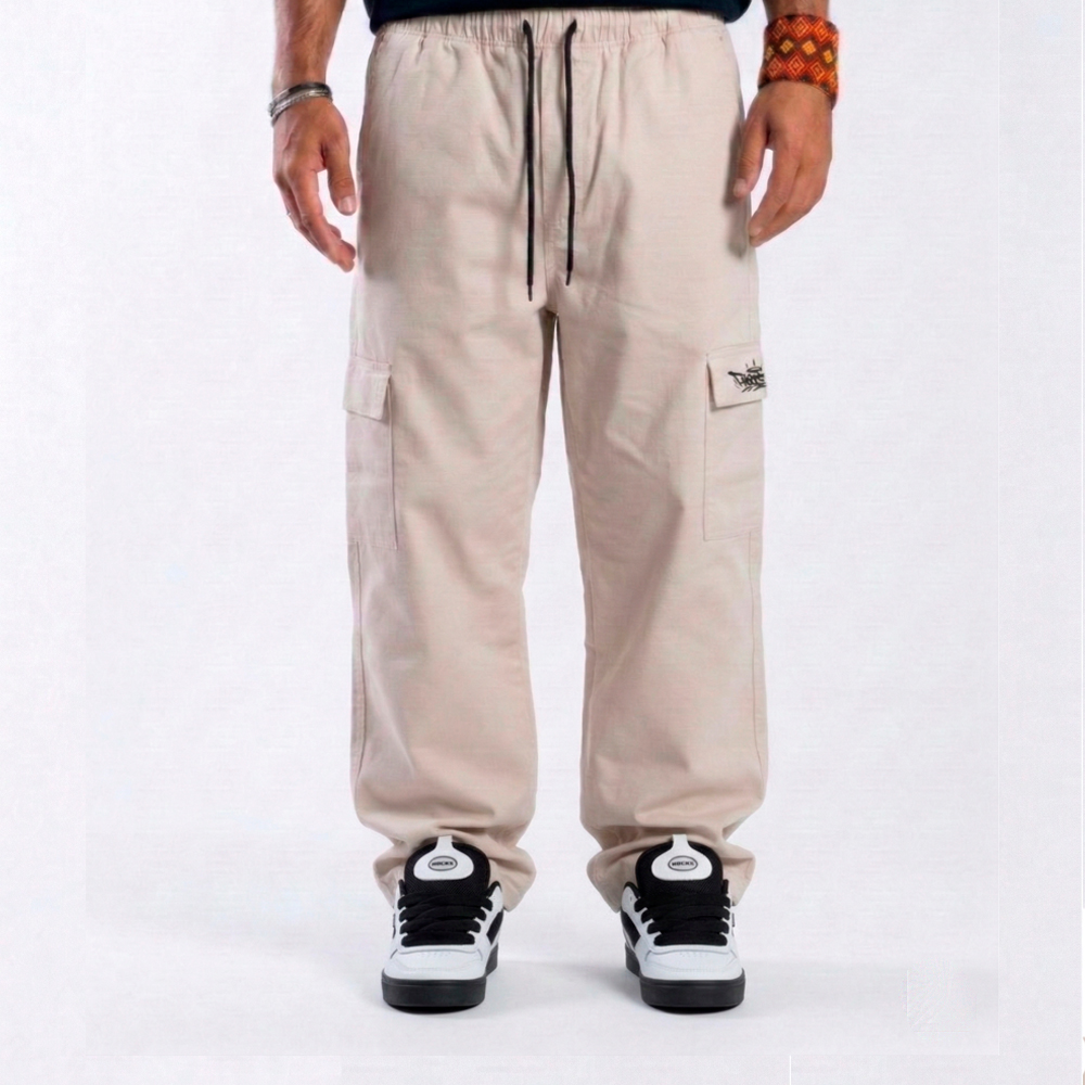 calça trip side reta cargo sarja areia streetwear