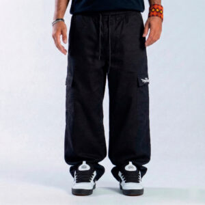 calça trip side reta cargo sarja preta streetwear